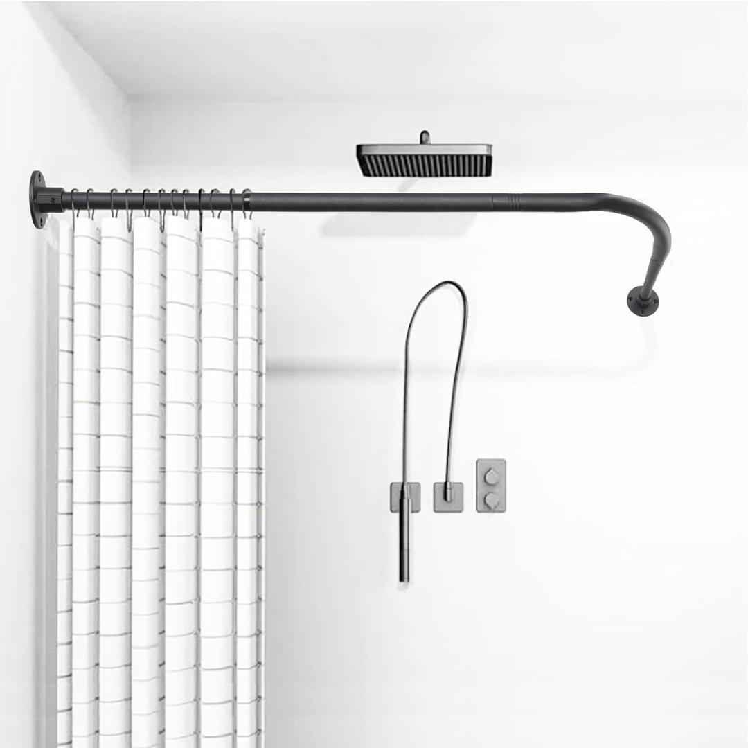 L Shaped Shower Curtain Rod, (23.6"-33.5"x23.6"-33.5") Adjustable Curved Shower Rod, 90 Degree Corner Shower Rods for Bathroom, Clothing Store Locker, locker rooms, fitting rooms, Black