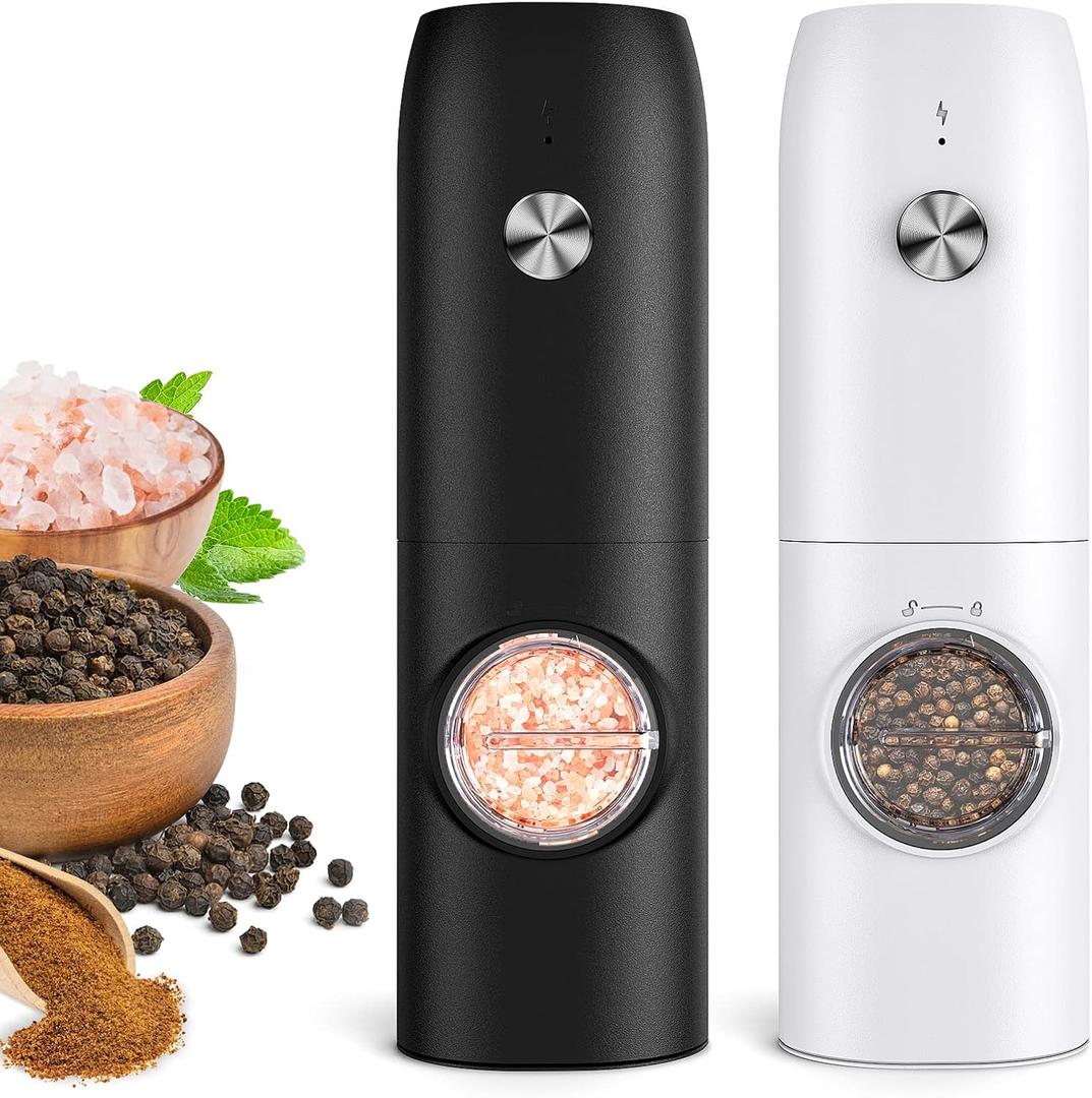 Electric Salt and Pepper Grinder Set, USB Rechargeable Kitchen Gadgets-Automatic Salt and Pepper Mill with Adjustable Coarseness, One-Hand Operation Built-in LED Light, Type-C Charging - 2 Pack