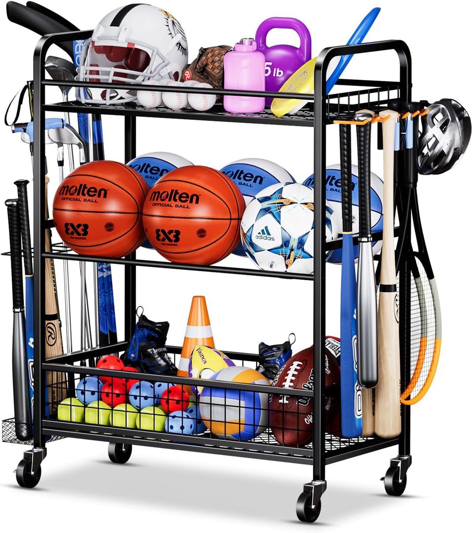Garage Sports Equipment Organizer - Rolling Ball Storage Rack with Wheels, Sports Gear Organizer for Garage Indoor Outdoor Toy Storage Rack, Basketball Racks Ball Cart with Basket and Hooks