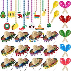 36 Pcs Mexican Fiesta Decor Includes 12 Mexican Sombrero Headbands Hat 12 Wooden Maracas 12 Mini Cinco De Mayo Necklaces for Mexican Theme Decorations and Party Supplies Favors(Classic)