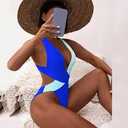 ShawGobow Sexy One Piece Swimsuit,Plunge Backless Color Block Swimsuits for Women,High Cut Scrunch Butt Monokini Beach Pool, L