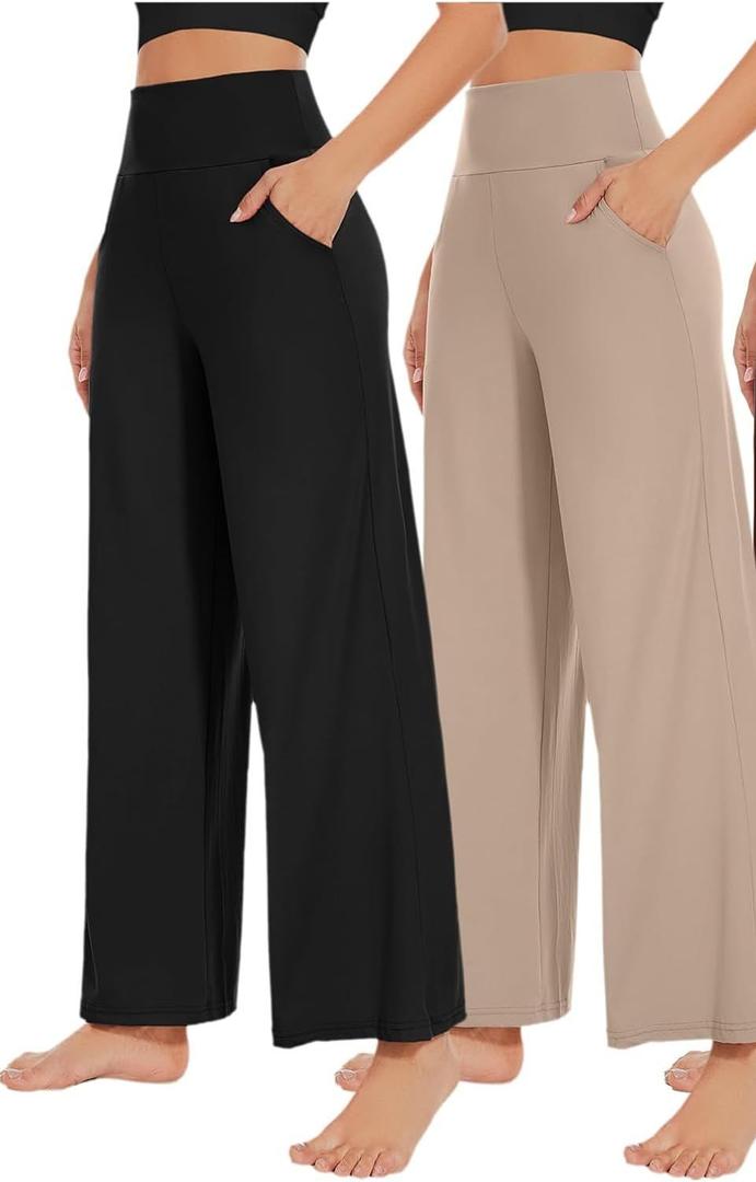 NEW YOUNG 2 Pack Women's Wide Leg Pants with Pockets High Waist Loose Sweatpants Casual Lounge Yoga Workout Palazzo, M