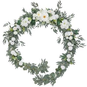 TINGE TIME 9FT Artificial Flower Garland, Handcrafted Eucalyptus Garland with Flowers, Floral Vine for Wedding Decoration Reception Sweetheart Table (Ivory White)