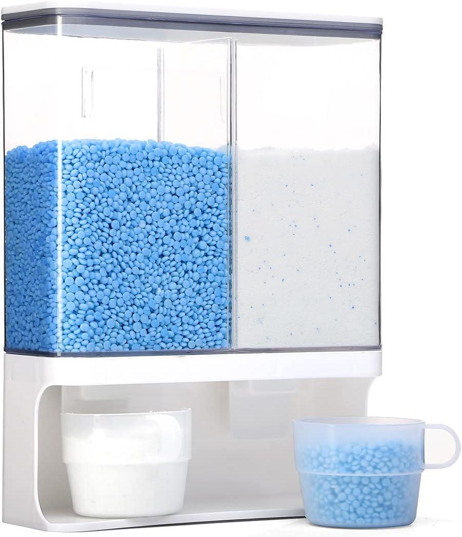 Laundry Detergent Dispenser, Wall Mounted Laundry Scent Boosters Beads Dispenser with 2 Cups for Rice, Beans, laundry powder, Stain Remover Powder, Laundry Beads Container (105 oz) (White)