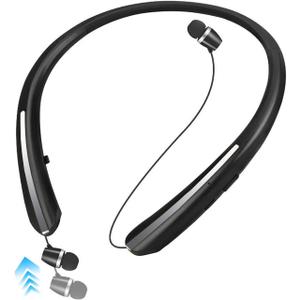 Bluetooth Headphones Neckband, Retractable Headset Wireless Sports Earbuds Noise Cancelling Stereo Earphones with Microphone, IPX5 Sweatproof, Compatible with iPhone Android (Black)