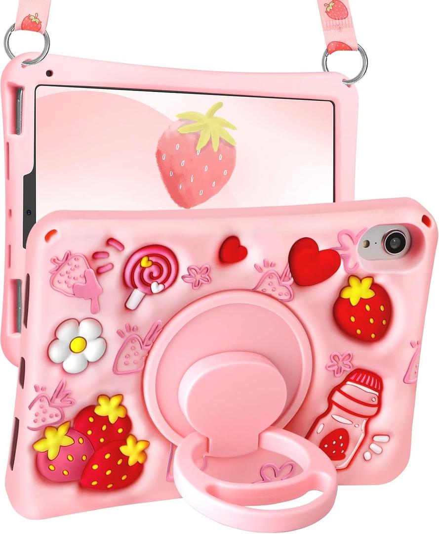 Boaretiu for iPad mini 7 A17 Pro Case for iPad mini 7th/6th Generation - Soft Silicone Cute Cartoon with Shoulder Strap & Rotating Stand Kawaii for Women Girls Girly Kid Teens Cover, Strawberry