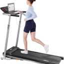 Treadmill with Quick-Release Desk, Hydraulic Folding Design, Adjustable Armrests, 300LBS Weight Capacity