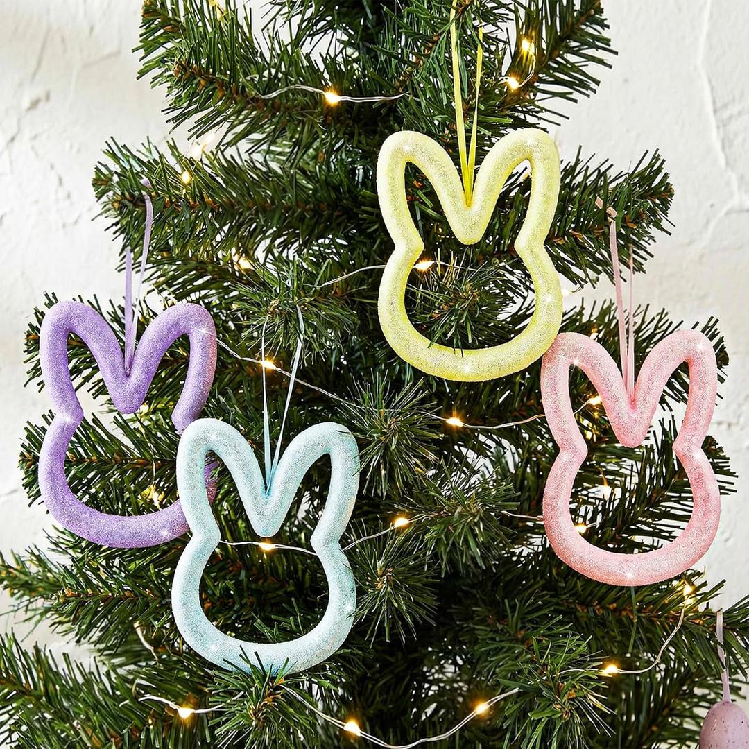 Roowest 12 Pcs Large Easter Bunny Ornaments for Tree 3D Glitter Pastel Bunny Ears Hanging Ornament Wreath 5.9 Inch DIY Wreath for Easter Front Door Tree Home Wall Window Decor (Multi Color)