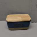HVH Ceramic Butter Dish with Lid for Countertop, Airtight Butter Keeper with Wooden Lid, Butter Dishes with Covers, Ceramic Butter Container for East West Coast Butter, Farmhouse Style (Blue)