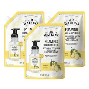 J.R. Watkins Foaming Hand Soap Refill, Moisturizing Foam Hand Wash, All Natural, Alcohol-Free, Cruelty-Free, USA Made, Lemon, 28 fl oz, 3 Pack