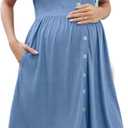 OUGES Womens 2025 Summer Maternity Dress Short Sleeve V Neck Button Down Pregnancy Casual Maternity Clothes with Pockets (Medium, Light Blue)
