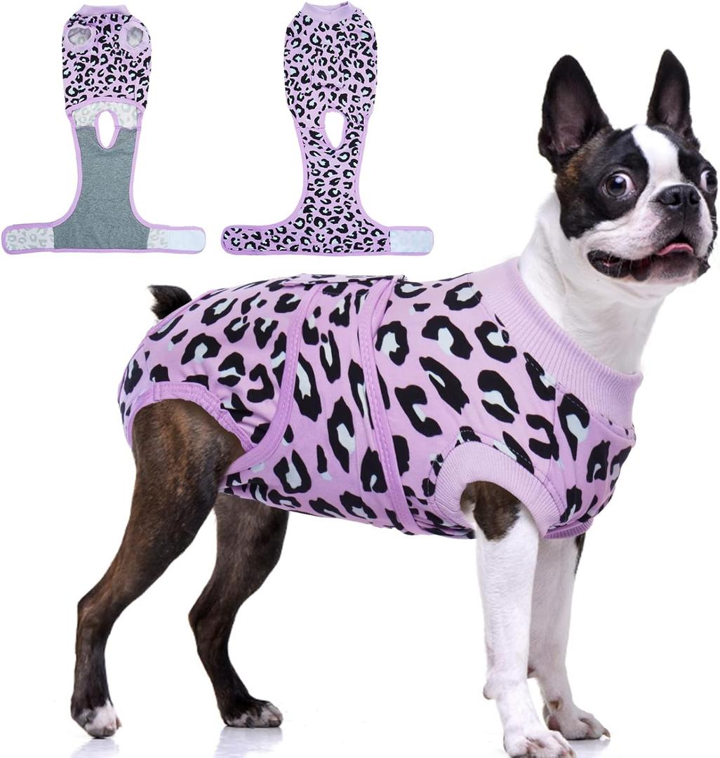 FUAMEY Recovery Suit for Dogs After Surgery, Soft Breathable Dog Bodysuit E-Collar & Cone Alternative Surgical Suit, Male Female Dog Neuter Spay Suits Anti Licking Wounds Onesie Purple Leopard L (L(Back:16.1-20.1in,WT:23-48lbs))