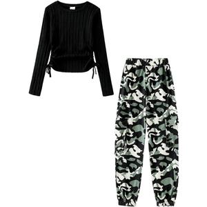 Azmxynol Teen Girls Clothes 2 Piece Outfit Long Sleeve Ruched T-Shirt Top + Cargo Jogger Pants Big Girls Fall Winter Casual Clothing Set (13-14T)