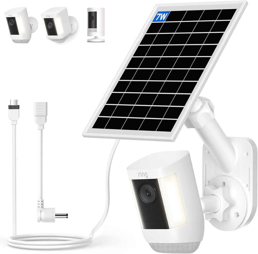 Solar Panel and 2-in-1 Wall Mount for Ring Cam, 7W Solar Charger Compatible with Rings Spotlight &Stick Up Outdoor Cam Battery, 360 Adjustable Outdoor Security Camera Mount, Weatherproof, 1-Pack