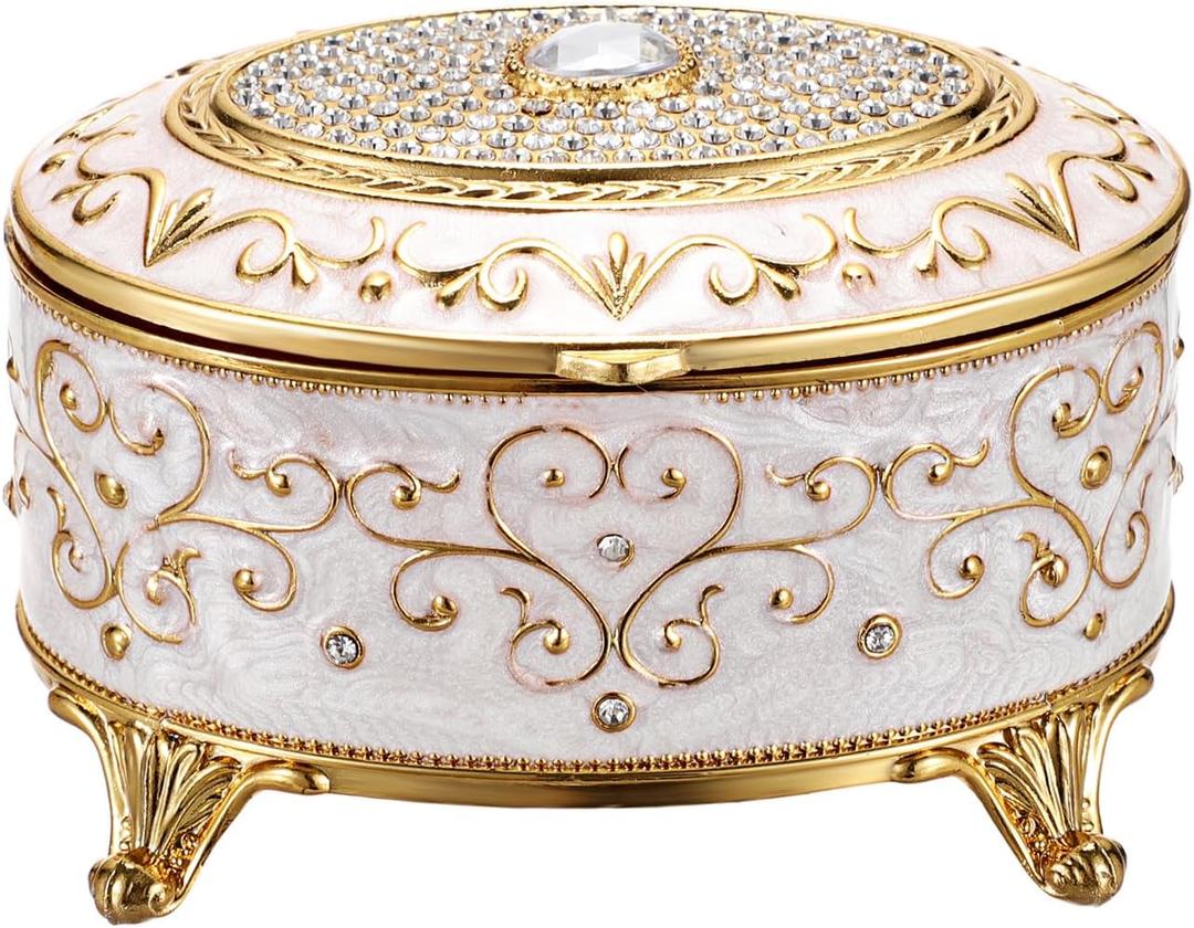 Vintage Jewelry Box Small Trinket Box - Oval Enamel Treasure Chest Box Metal Jewelry Box Golden Rings Earrings Holder Hand Painted Jewelry Keepsake Box Gift for Birthday, Christmas (Beige)
