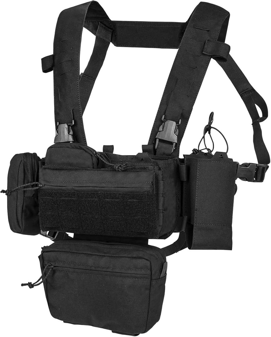 YAKEDA Tactical Chest Mini Rig Vest/Training Mini Rig Adjustable & Detachable with Wing Pouch, Dangler Pouch (Black)