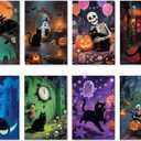 24 Pack Black Cat Halloween Greeting Cards Set, Boxed Spooky Season Gift for Friends Family, 8 Cat-Themed Halloween Cards Bulk With Envelopes and Stickers, 4x6in