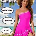 ShawGobow One Shoulder Swim Dress,Color Block Womens One Piece Swimsuit with Skirt,Modest Full Coverage Swimsuits for Women (Pink, L)