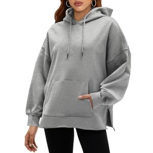Fisoew Women's Hoodies Oversized Sweatshirts Casual Long Sleeve Side Slit Pullover Tops Fall Winter Outfits with Pocket Grey (Gray, S)