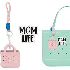 HMGES Mini EVA Bag Charms for Bogg Bag – Small Open-Top Pouch with Paracord Carabiner & “Mom Life” Charm – Holds Keys, Earbuds & Small Essentials – Fits Most Rubber Beach Bags-Pink