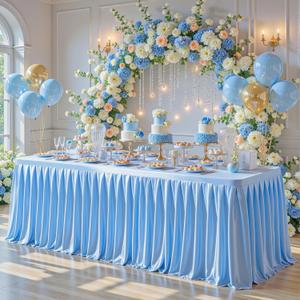 4FT Blue Satin Tablecloths for Rectangle Tables - Shiny Spandex Party Table Cover with Pleated Table Skirt, No-Wrinkle & Glossy Wedding Tablecloth One-Piece for Birthday Baby Shower Banquet Ceremony, S