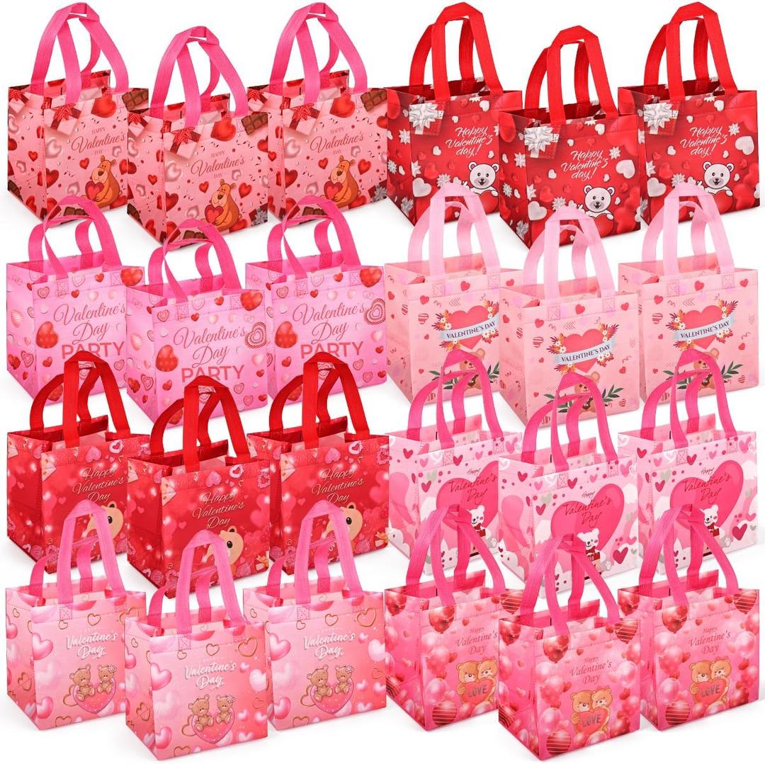 Aviski 24PCS Happy Valentines Day Reusable Gift Bags, Treat Bags with Handles, Goodie Bags, Multifunctional Non-Woven Valentines Bags for Gifts Wrapping, Party Supplies, 7.9 7.9 5.9inch