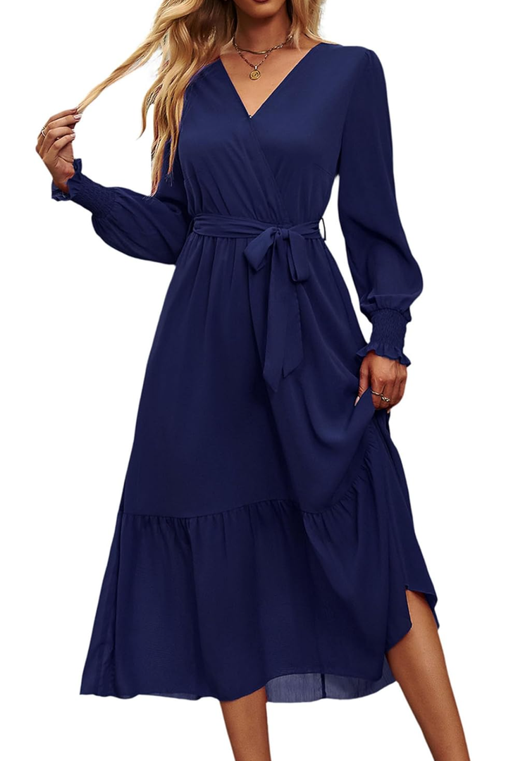 PRETTYGARDEN Women's Floral Boho Dress Fall Long Sleeve Wrap V Neck Ruffle Flowy Maxi Spring Wedding Guest Vacation Dresses, XXL