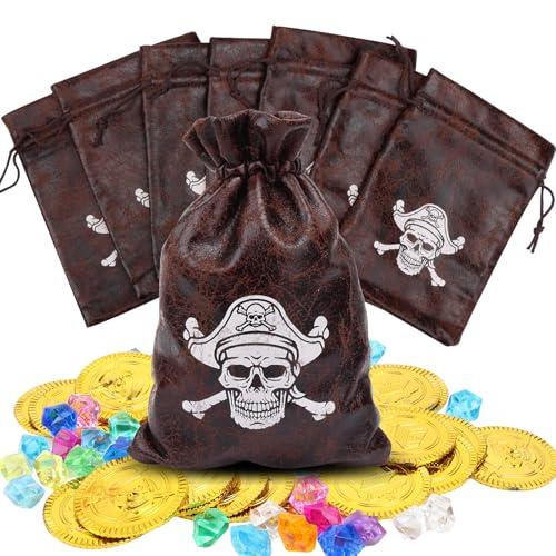 8pcs Pirate Loot Bags 6.5x4.5In Pirate Goodie Bag with Drawstring Faux Cow Skin Pirate Treat Tote Gift Bag for Adventure Treasure Hunt Pirate Themed Birthday Medieval Party Game Favor Supplies