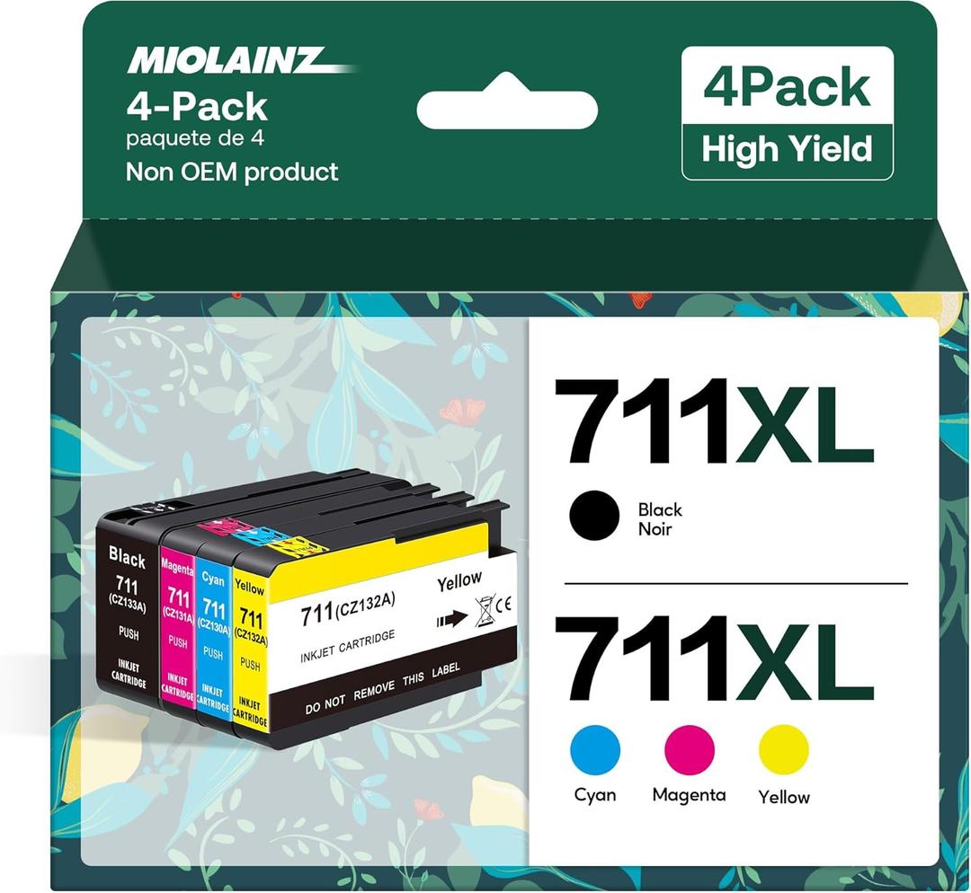 711XL Ink Cartridges 4-Pack Replacement Kit for 711 XL Bundle for DesignJet T120 T125 T130 T520 T525 T530 Printer (1 Black, 1 Cyan, 1 Magenta, 1 Yellow, 4 Pack)