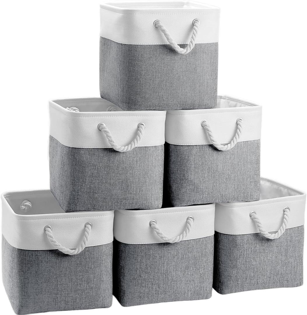 Fabric Cubes Storage Basket, 6 Pack 11x11 in with Handles Foldable Cube Storage Bins, for Shelves, Home, Office, Nursery Organizers (White/Grey-6 Pack)