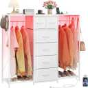 HIGDBFE Dresser with 2 Hanging Racks, Led Dresser with Charging Station, 12" D Kids Dressers with 6 Drawers, 2 Shoe Racks and Side Hooks, Wooden Top Chest of Drawers for Bedroom, Kids Room, White