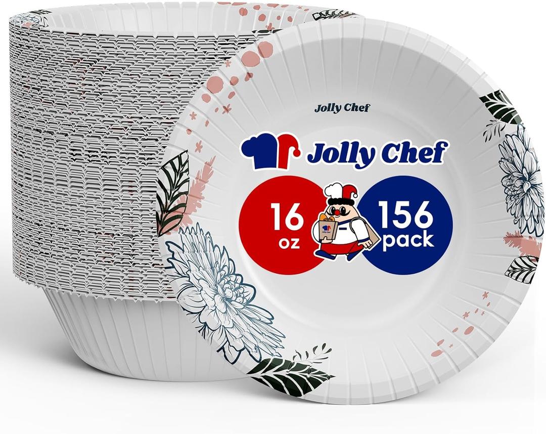 JOLLY CHEF 16 OZ Disposable Paper Bowls with Floral Print 156 Count Heavy-duty Bowls Bulk Perfect for Parties,Picnics,and Everyday Use