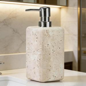 Ivory Travertine Soap Pump, Refillable Bathroom Liquid Dispenser with Aluminum Pump, Natural Organic Stone Hand Lotion Dispenser, Pump Bottle Dispenser for Bathroom and Kitchen Countertop
