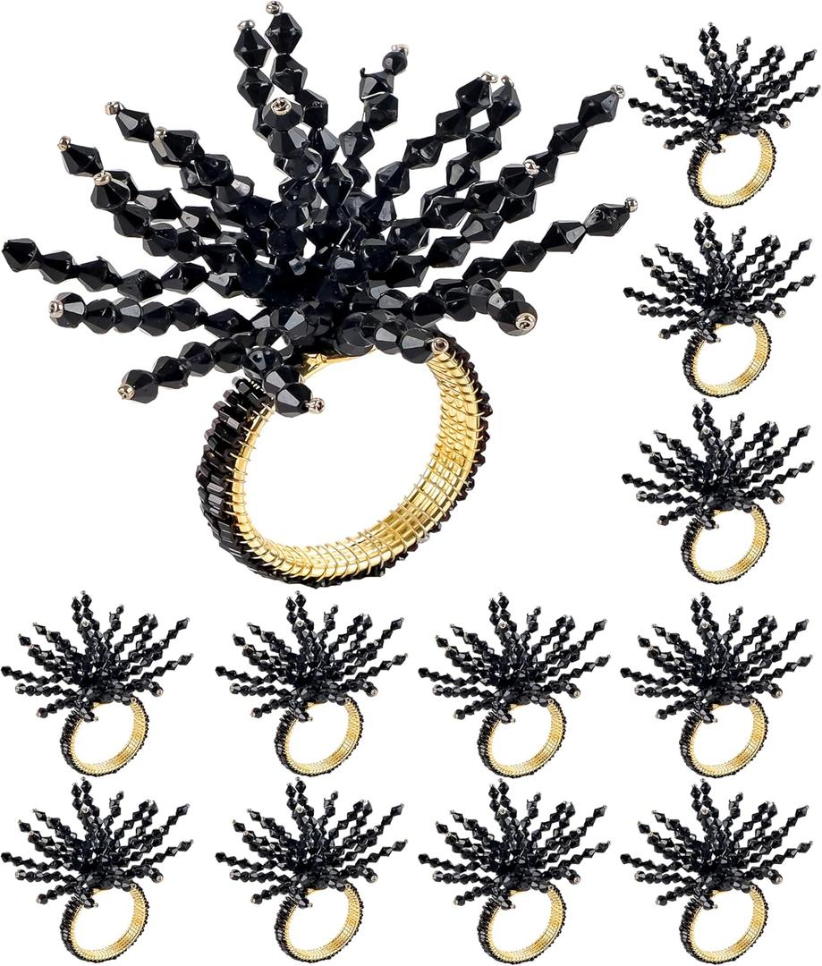 12-Pcs Decorative Napkin Rings - Beaded Serviette Ring Napkin Holders for Summer Beach Wedding Ocean Coastal Nautical Holiday Party Home Table Dcor (Black) - CLEENTABLE