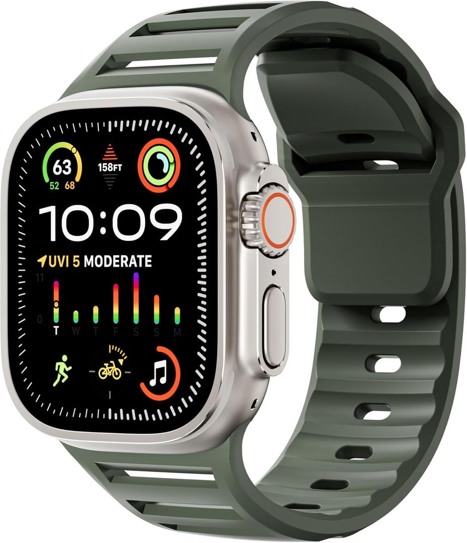 Sport Bands for Apple Watch Ultra 2 Band 49mm 45mm 44mm 42mm Men Women,Rugged Wide Silicone Waterproof Wristbands with Metal Adapter Strap for iWatch Ultra Band Series 9 8 7 6 SE 5 4 3 2,Ultra2/Ultra (Army Green)