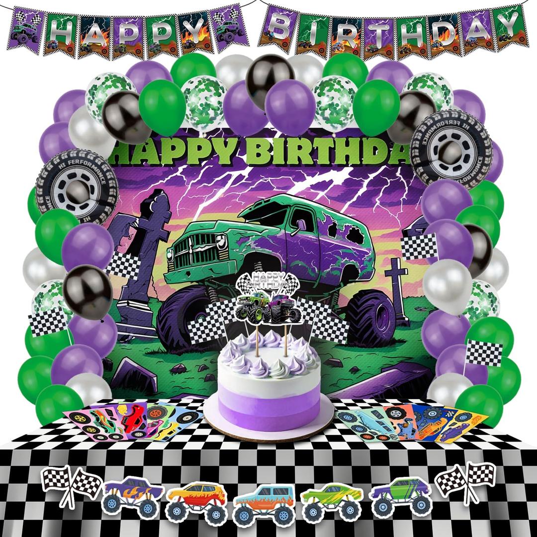 Monster Truck Birthday Decorations - Cake Topper, Banner, Backdrop, Latex Balloons, Foil Balloons, Table Cover, Sticker Set,149Pcs Set, Monster Truck Party Decorations (Purple and Green)