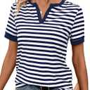 LilyCoco Women's Striped Shirt Short Sleeve Color Block Tops Notched Neck Summer Tee Multicoloured Medium