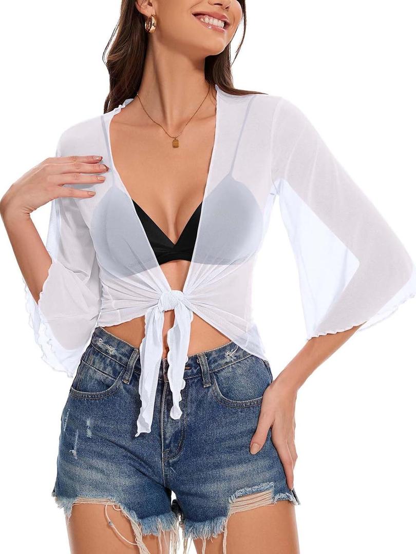 Women's Short Cardigan Bolero Shrug Sheer Tie Front Top 3/4 Sleeve Jacket for Dress (White, S)
