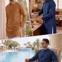 Runcati Mens Kaftan Thobe Textured Henley Shirt Long Sleeve Robe Casual Muslim Gown Shirt (Blue) M