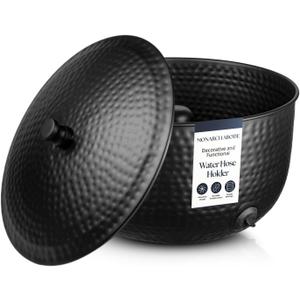 Monarch Abode Garden Hose Holder with Lid Decorative Water Hose Holders for Outside, Hand Hammered Metal Matte Black Pot with Drainage, 100ft Waterhose Holder for Outside, Garden Storage Caddy