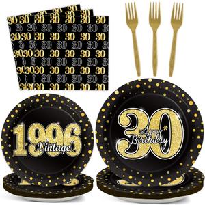 200PCS 30th Theme Birthday Party Tableware Vintage 1996 Party Supplies 30 Year Old Birthday Decorations Plates Napkins Forks Black and Gold Dinnerware Favors for Men or Women