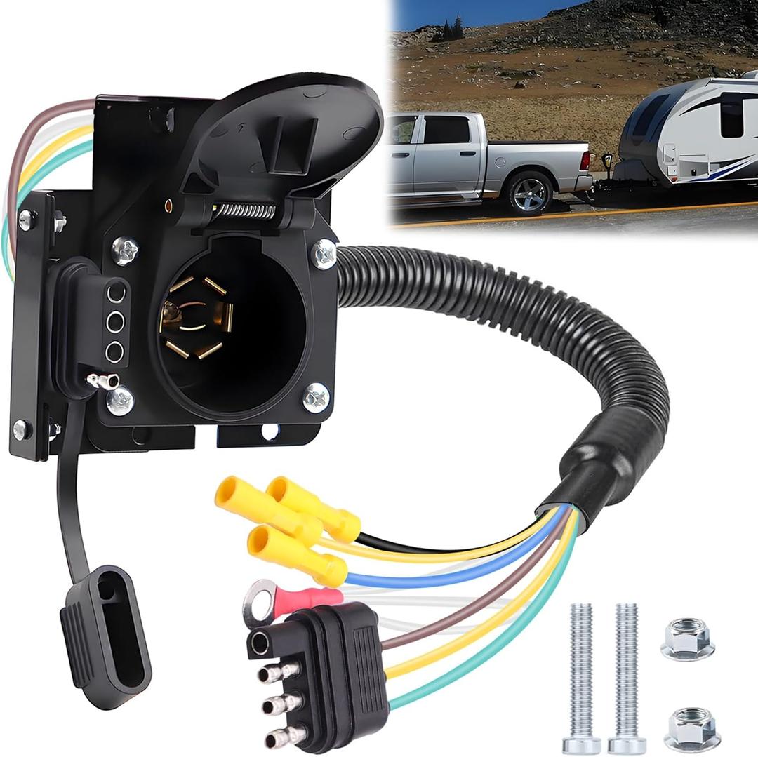7 Way Trailer Plug 7 Pin to 4 Pin Trailer Adapter 7 Pin Trailer Connector, Vehicle-Side 4 Flat to Trailer-Side 7 Blade and 4 Pin Dual-Output Connector with Mounting Bracket for RV Truck
