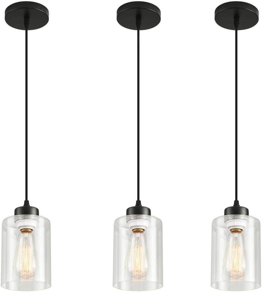 Pendant Light Fixture, 3 Pack Hanging Ceiling Lamp with Clear Glass Shade, Adjustable, Kitchen and Dining Room, Black, 30 x 15 x 22 cm