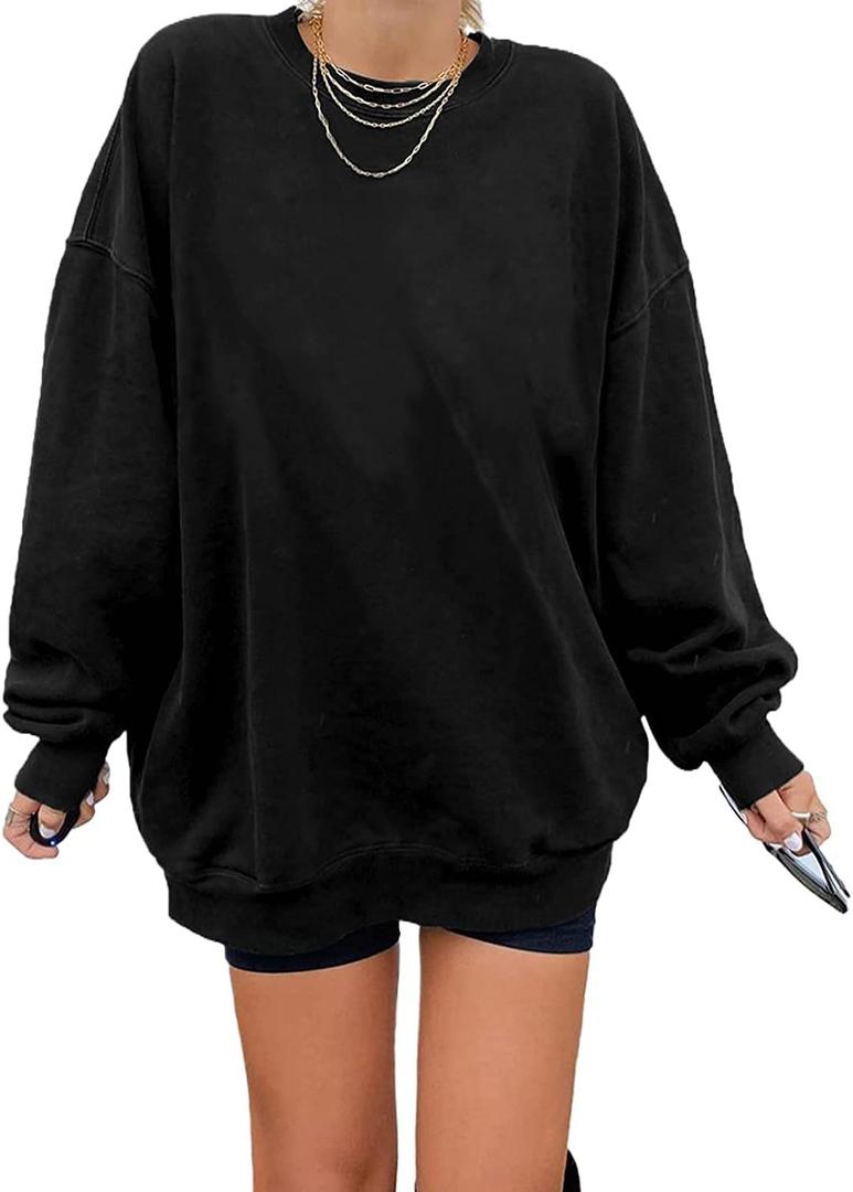 Ebifin Women's Oversized Long Sleeve Sweatshirts Pure Color Round Neck Casual Pullover Shirt (XX-Large, Black)