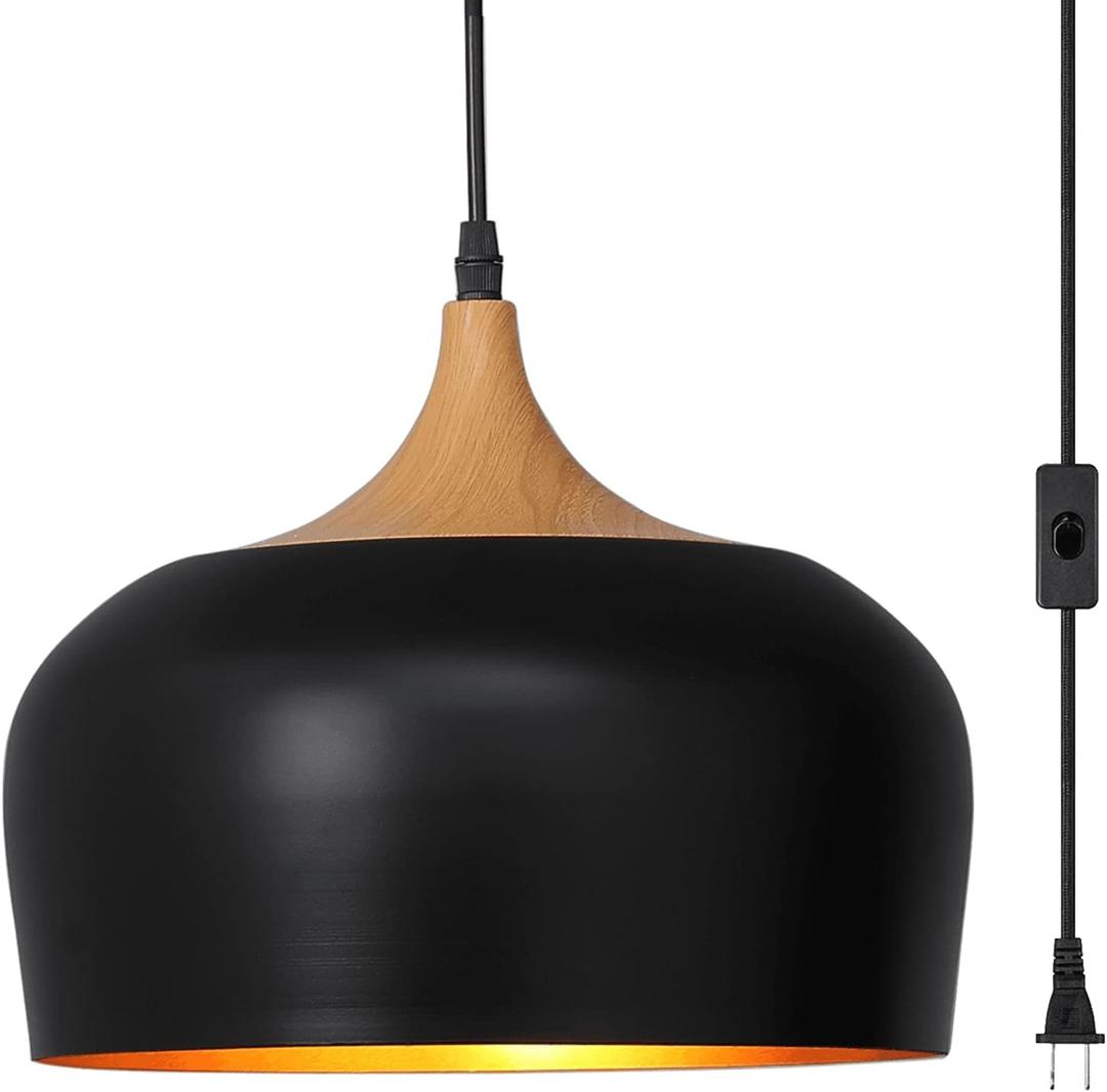 Big Plug in Pendant Light Modern Hanging Light Fixture with 16.4ft Cord On/Off Switch for Kitchen Island, Dining Room, Over Table, Black and Wood Grain Paint