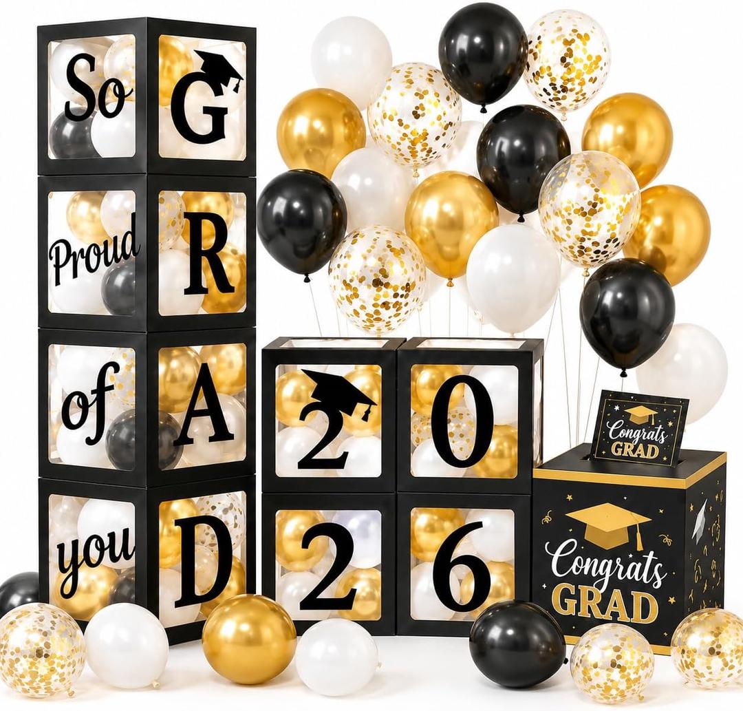 2026 Graduation Decorations Set 4 PCS Black Boxes with Letters GRAD, 30 Balloons, Congrats Grad Card Box for High School College Graduation Party Supplies (Black-Graduation)
