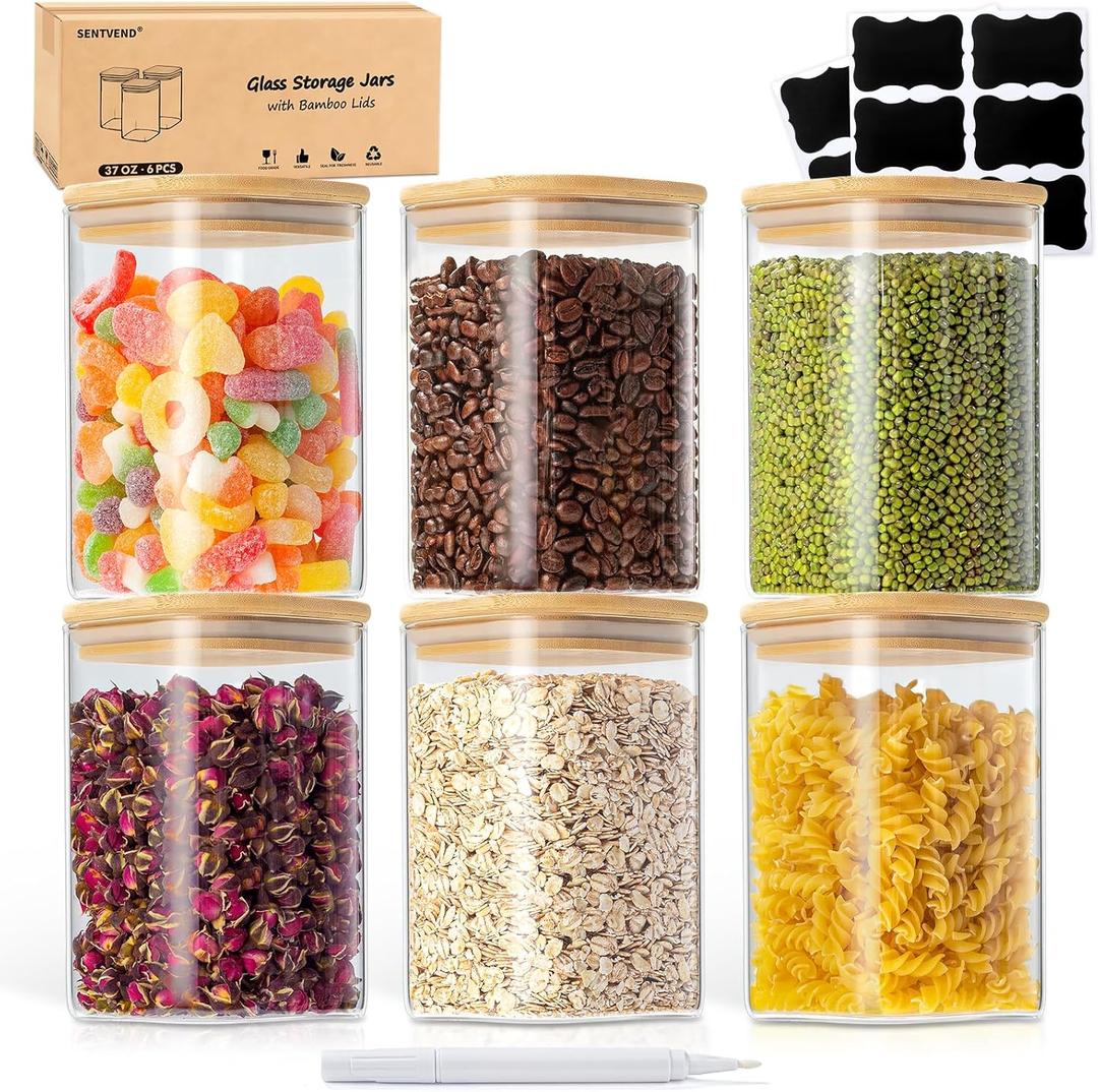 37 Oz Glass Storage Jars with Bamboo Lids - 6 Pack Clear Glass Canisters Square Airtight Stackable Ideal for Pantry Storage Containers Organizers Great for Storing Oats Coffee Beans Nuts