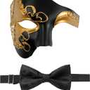 IncreDecor Masquerade Mask for Men Phantom of The Opera Half Face Mask with Bowtie, Venetian Masks for Halloween Party (Black+gold)
