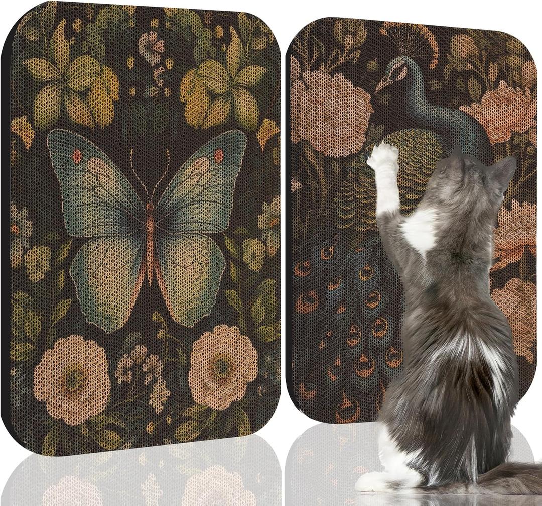2 Pack Art Cat Scratcher, Wall-Mountable Cat Scratch Pad, Cat Wall Scratcher 16.7x11x1 Inch Cat Scratching Board for Indoor Cats Toy(Butterfly &Peacock)