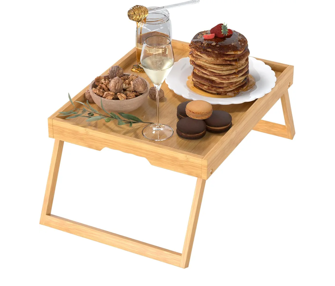 Bamboo Bed Tray Table with Foldable Legs, Breakfast in Bed Tray for Eating, Kitchen Serving Trays, Folding Table for Sofa, Beds, Eating, Working, Used As Laptop Desk Snack Trays, Brown